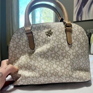 DKNY Beige and Brown Logo Satchel